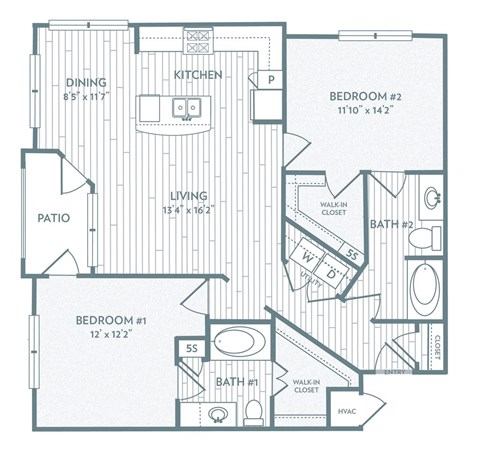 Floor plan for 2 beds, 2 baths, 1168 sqft